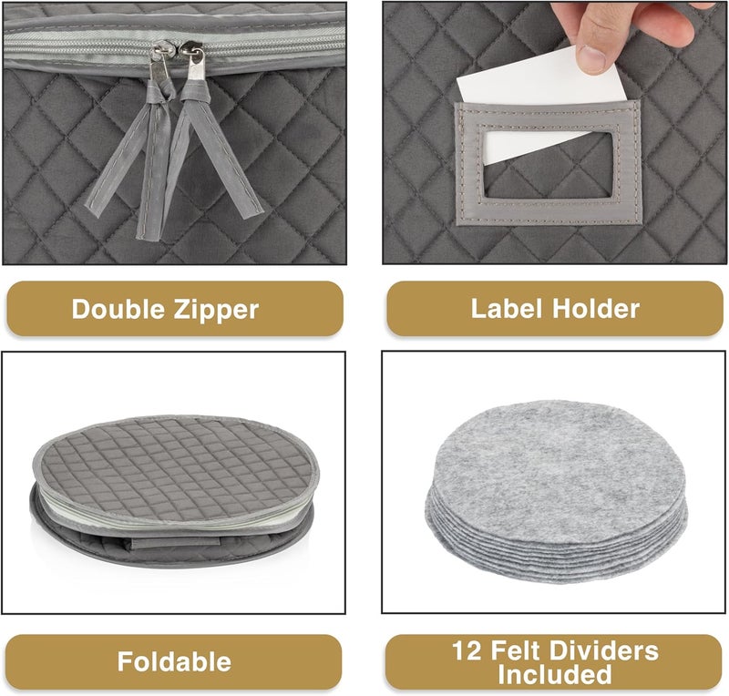 Stack Store Plus More China Storage Quilted Case for Dessert Plate, Bowls, Small Plate or Saucer - 8" W x 6" H - Gray - Includes 12 Felt Separators - Image 3